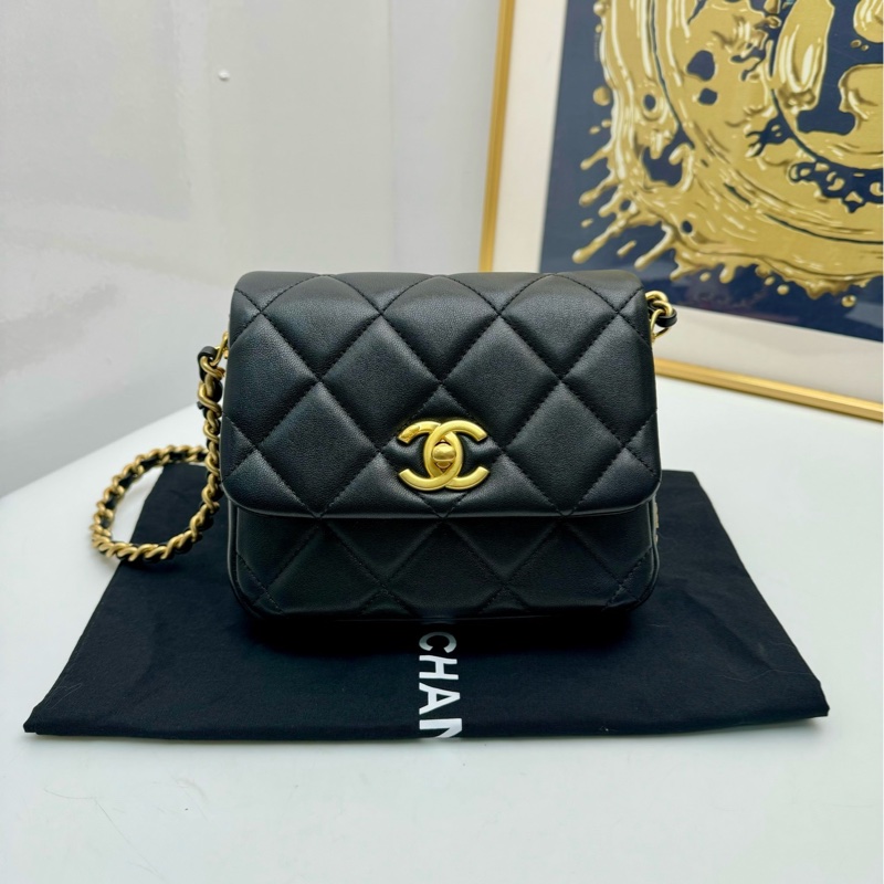 【閒置❤️】 Chanel 方胖子鏈條包 芯片款 黑金羊皮 單肩斜挎包-1