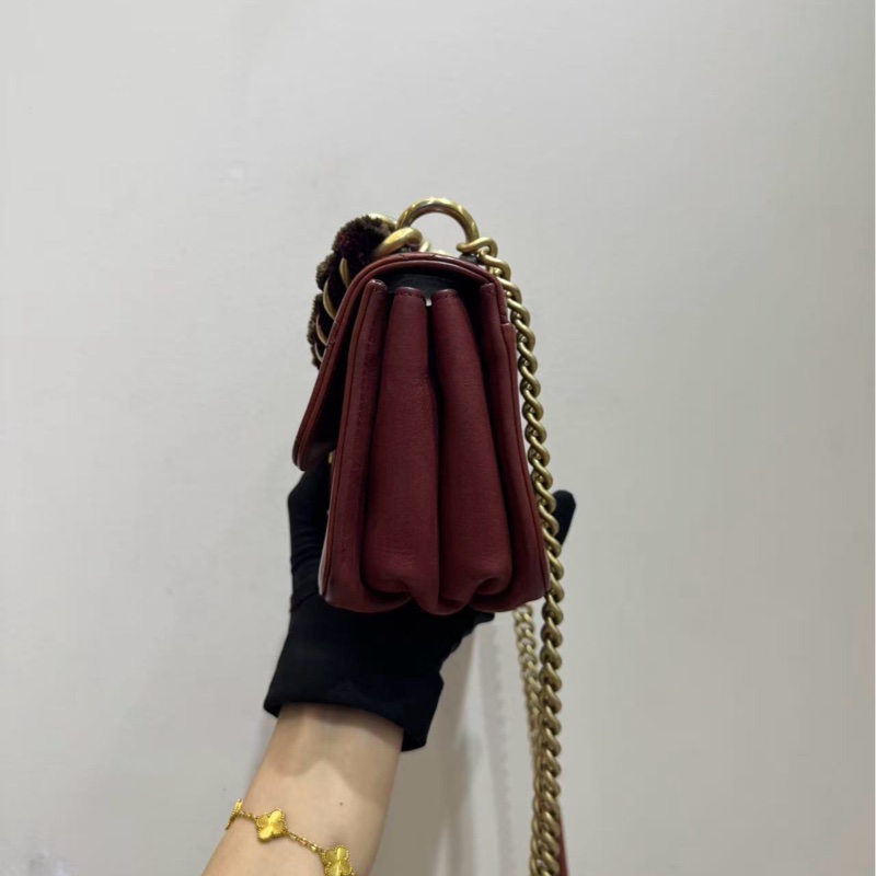 【閒置❤️】 Chanel cf 風琴包 中號 暗紅做舊油蠟皮金扣絲絨金屬編織鏈條手柄 單肩斜挎包-4