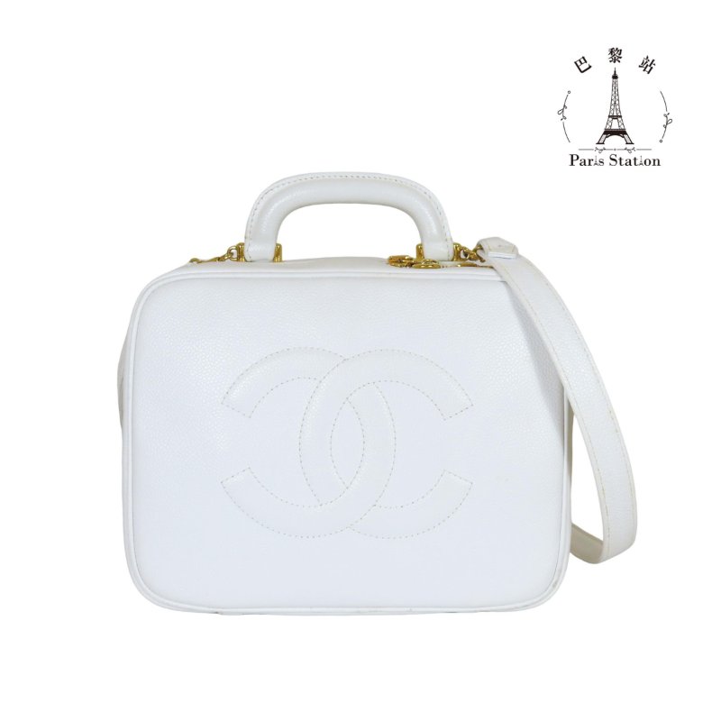 【巴黎站二手名牌專賣店】*現貨*CHANEL香奈兒真品*白色荔枝紋牛皮雙C縫線手提兩用化妝包 拉鍊斜背包-0