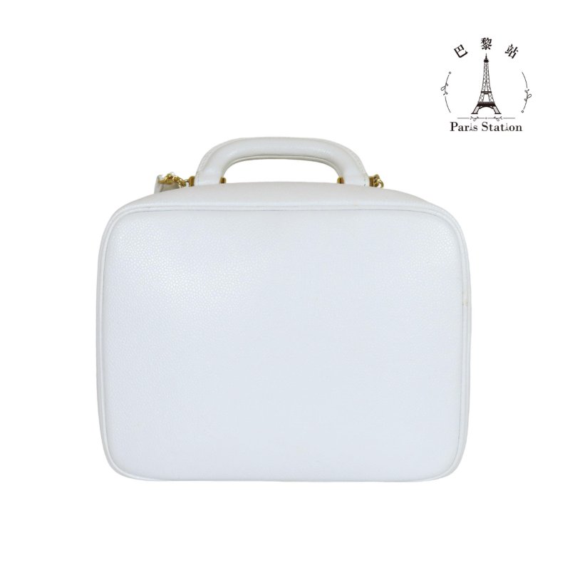 【巴黎站二手名牌專賣店】*現貨*CHANEL香奈兒真品*白色荔枝紋牛皮雙C縫線手提兩用化妝包 拉鍊斜背包-1