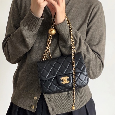 🖤Chanel 香奈兒 黑色 菱格紋 羊皮 金球 Mini 方胖 肩背包 鍊帶包 金釦 AS1786