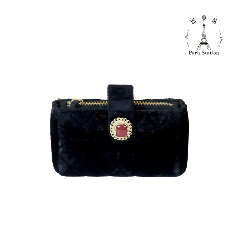 【巴黎站二手名牌專賣店】＊現貨＊CHANEL香奈兒真品＊黑色天鵝絨內裏帆布紅寶石釦式雙層小功能包 錢包-0