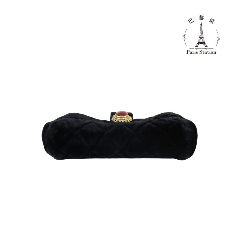 【巴黎站二手名牌專賣店】＊現貨＊CHANEL香奈兒真品＊黑色天鵝絨內裏帆布紅寶石釦式雙層小功能包 錢包-2