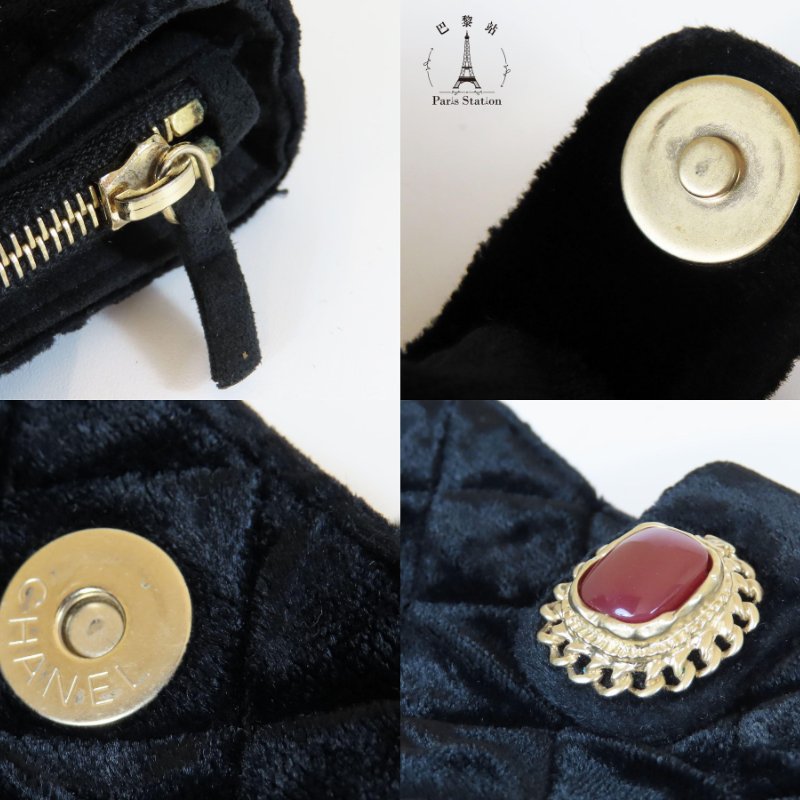 【巴黎站二手名牌專賣店】＊現貨＊CHANEL香奈兒真品＊黑色天鵝絨內裏帆布紅寶石釦式雙層小功能包 錢包-5