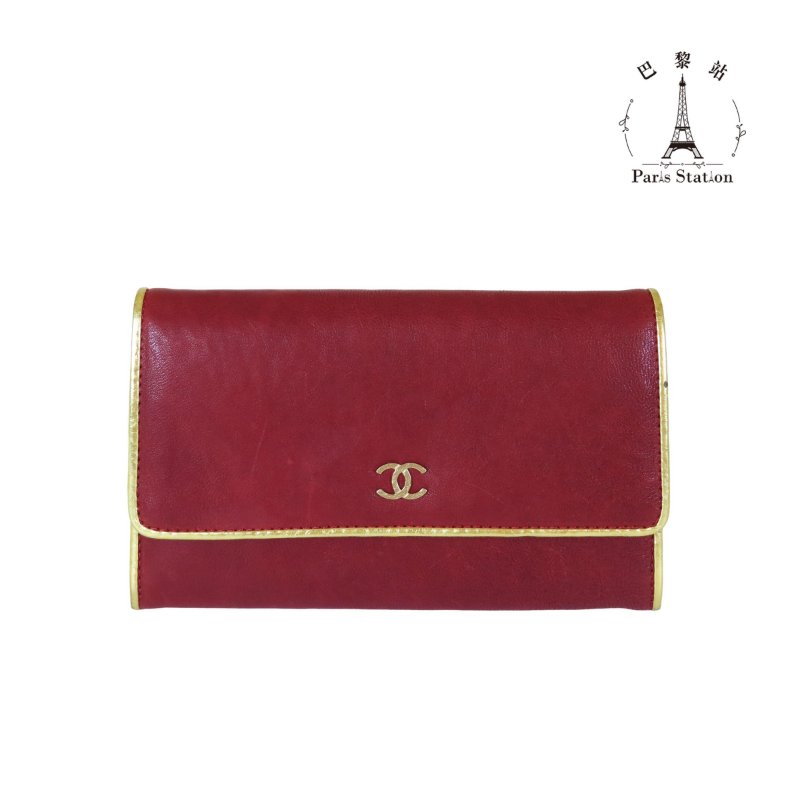 【巴黎站二手名牌專賣店】*現貨*CHANEL 香奈兒 真品*酒紅色牛皮金邊金色雙C LOGO釦式掀蓋中夾-0