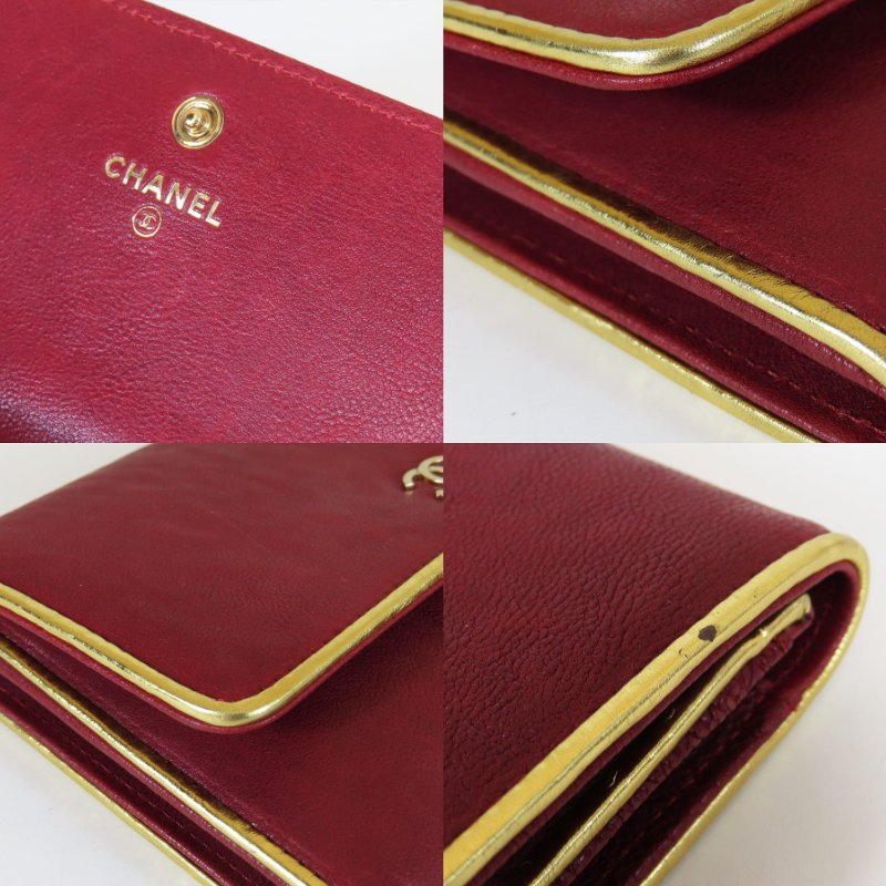 【巴黎站二手名牌專賣店】*現貨*CHANEL 香奈兒 真品*酒紅色牛皮金邊金色雙C LOGO釦式掀蓋中夾-5
