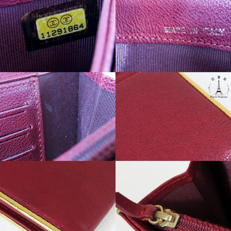 【巴黎站二手名牌專賣店】*現貨*CHANEL 香奈兒 真品*酒紅色牛皮金邊金色雙C LOGO釦式掀蓋中夾-7