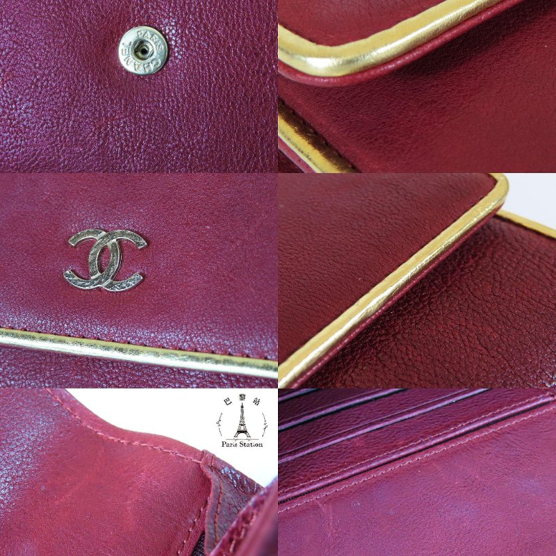 【巴黎站二手名牌專賣店】*現貨*CHANEL 香奈兒 真品*酒紅色牛皮金邊金色雙C LOGO釦式掀蓋中夾-8