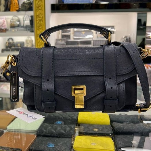 東區正精品㊣Proenza Schouler PS1 Tiny 海軍藍色全皮金釦釦式翻蓋手提包斜背包兩用包 RZ5936-0