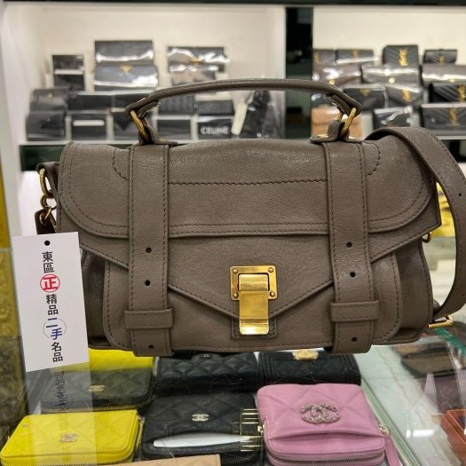 東區正精品㊣Proenza Schouler PS1 Tiny 大象灰色全皮金釦釦式翻蓋手提包斜背包兩用包 RZ5935-0