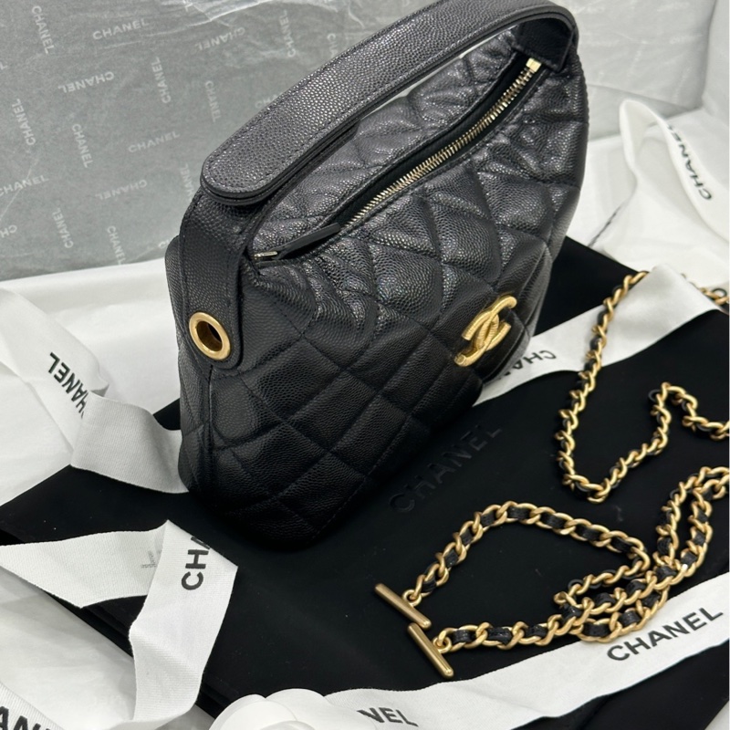【配件：防塵袋、小票 💕】Chanel 25p 飯盒包 大logo 拉絲金扣 黑金 荔枝牛皮 手提 斜挎 鏈條可拆卸-1