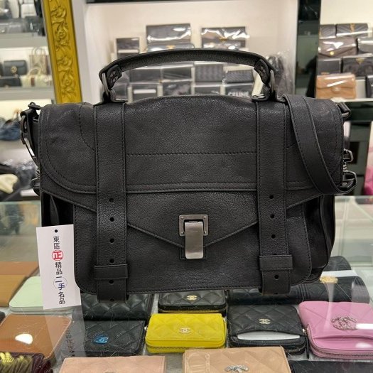 東區正精品㊣Proenza Schouler PS1 C1 黑色全皮黑銀釦釦式翻蓋手提包斜背包兩用包中款 RZ5934-0