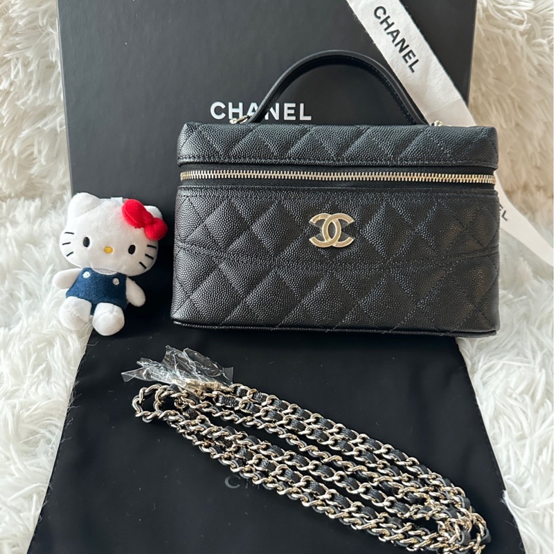 【配件：盒子、防塵袋 💕】Chanel 25c 大logo 腰線 盒子 lp 飯盒包 可斜挎手提單肩 荔枝牛皮-0