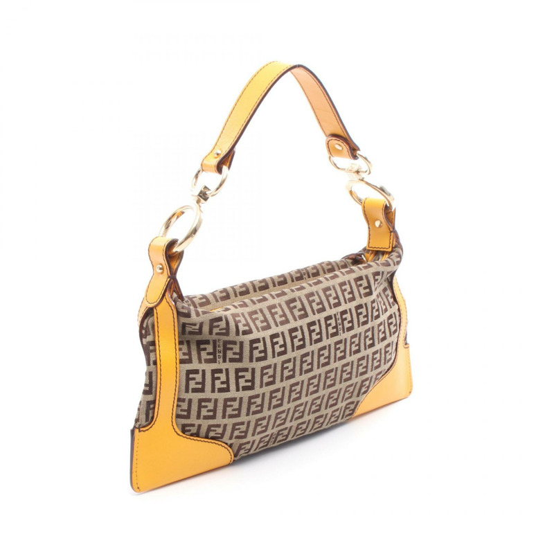 FENDI Chef Pocket Zucchino 手提包 8BR464 帆布皮革 棕色 黃色 二手 女士-1
