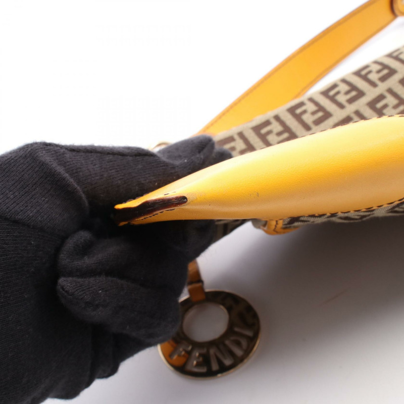 FENDI Chef Pocket Zucchino 手提包 8BR464 帆布皮革 棕色 黃色 二手 女士-5