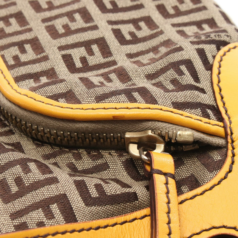 FENDI Chef Pocket Zucchino 手提包 8BR464 帆布皮革 棕色 黃色 二手 女士-7