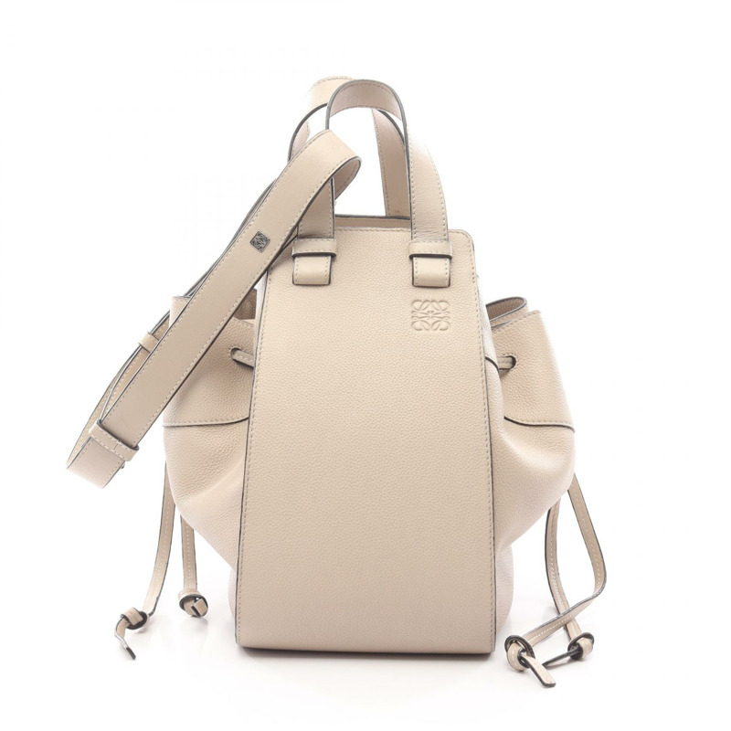 LOEWE 吊床抽繩包，中型單肩包，皮革米色，二手，女士-0