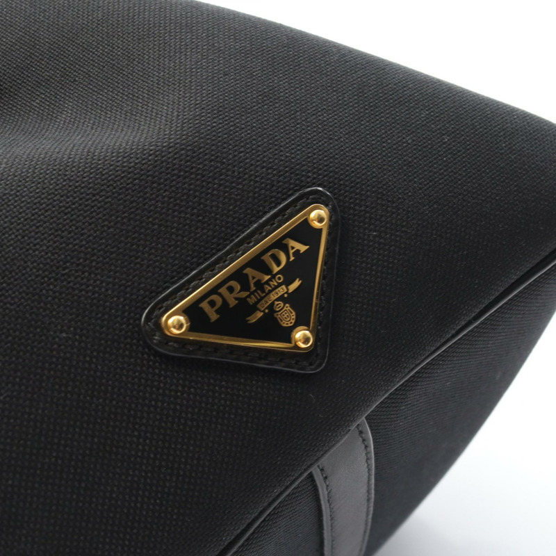 PRADA LOGO JACQUARD 單肩斜背包 手提包 帆布 皮革 黑色 二手 女士-4