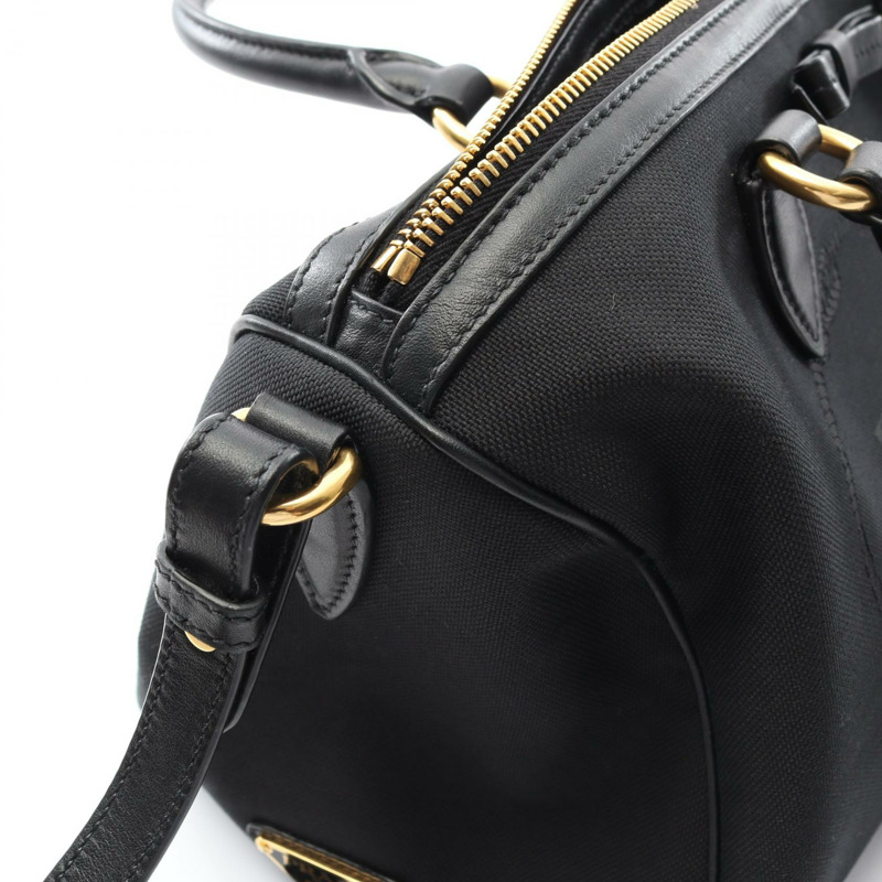 PRADA LOGO JACQUARD 單肩斜背包 手提包 帆布 皮革 黑色 二手 女士-7