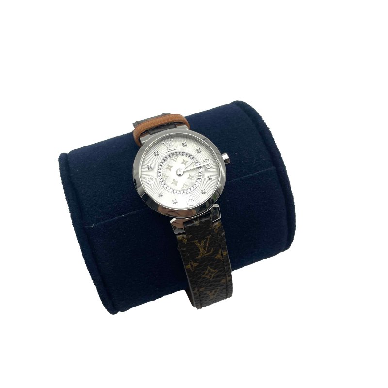 LV銀色Tambour Slim PM 8P鑽石字紋石英錶/28mm-0