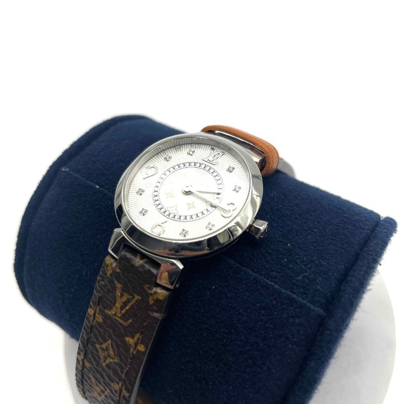 LV銀色Tambour Slim PM 8P鑽石字紋石英錶/28mm-1