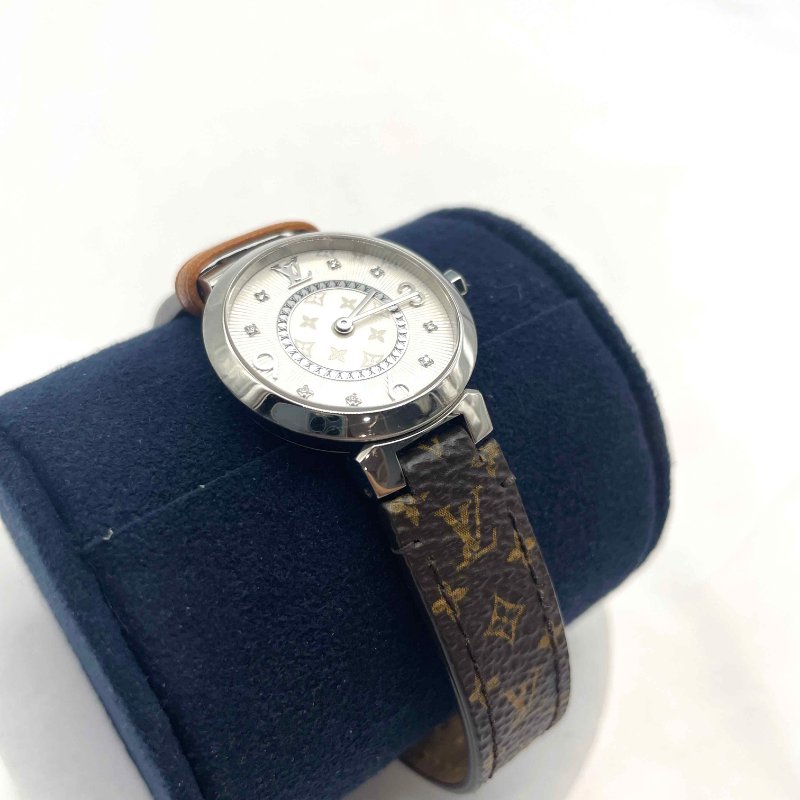 LV銀色Tambour Slim PM 8P鑽石字紋石英錶/28mm-2