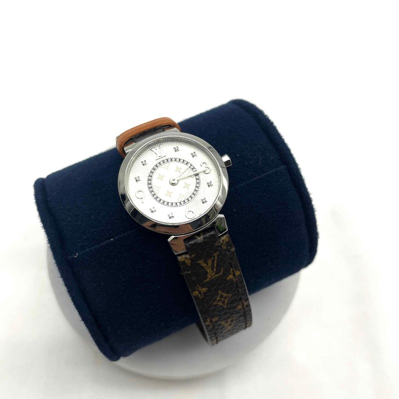 LV銀色Tambour Slim PM 8P鑽石字紋石英錶/28mm-3