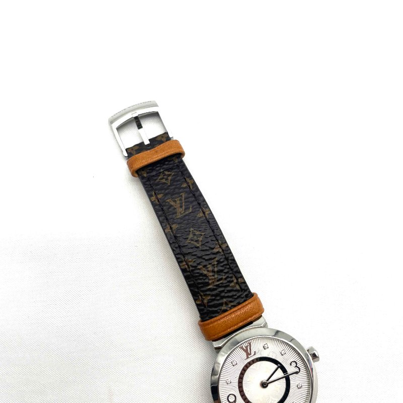 LV銀色Tambour Slim PM 8P鑽石字紋石英錶/28mm-4