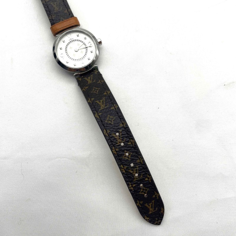 LV銀色Tambour Slim PM 8P鑽石字紋石英錶/28mm-5