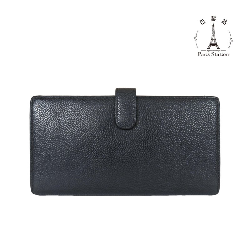 【巴黎站二手名牌專賣店】＊現貨＊CHANEL香奈兒真品＊黑色荔枝紋牛皮雙C壓紋釦式翻蓋對折長夾-1