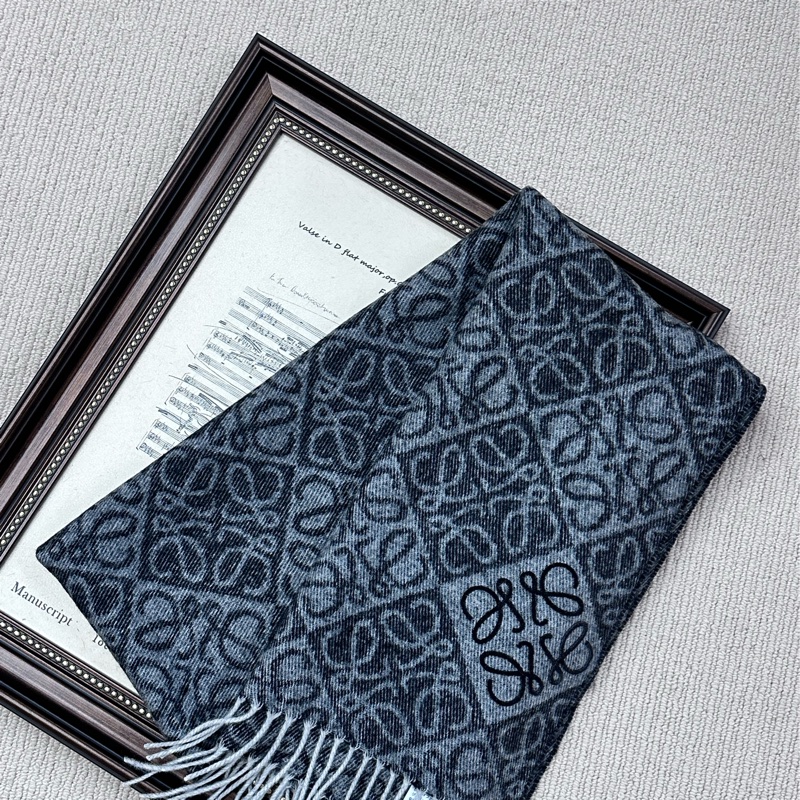 LOEWE Anagram scarf羊絨羊毛刺繡 灰色 圍巾頸巾女款-0