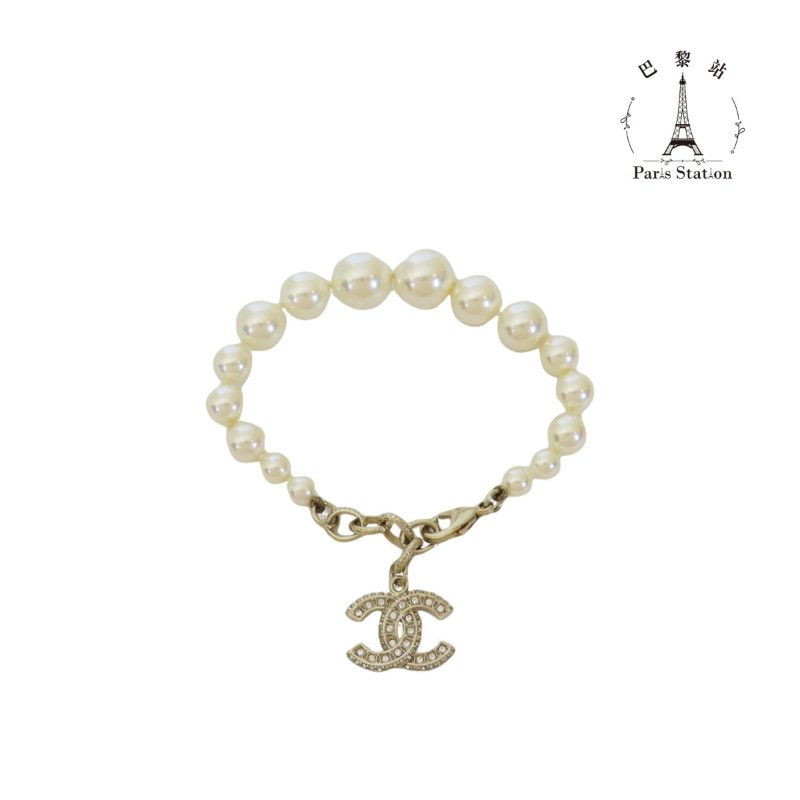 【巴黎站二手名牌專賣店】*現貨*CHANEL 香奈兒 真品*淡金色鑲鑽雙C吊墜珍珠手鍊-4