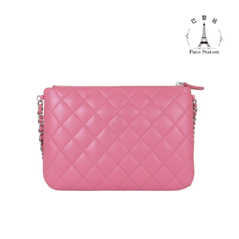 【巴黎站二手名牌專賣店】*現貨*CHANEL香奈兒真品*粉色菱格紋羊皮銀色雙C前口袋斜背鏈包 雙層斜背包-1