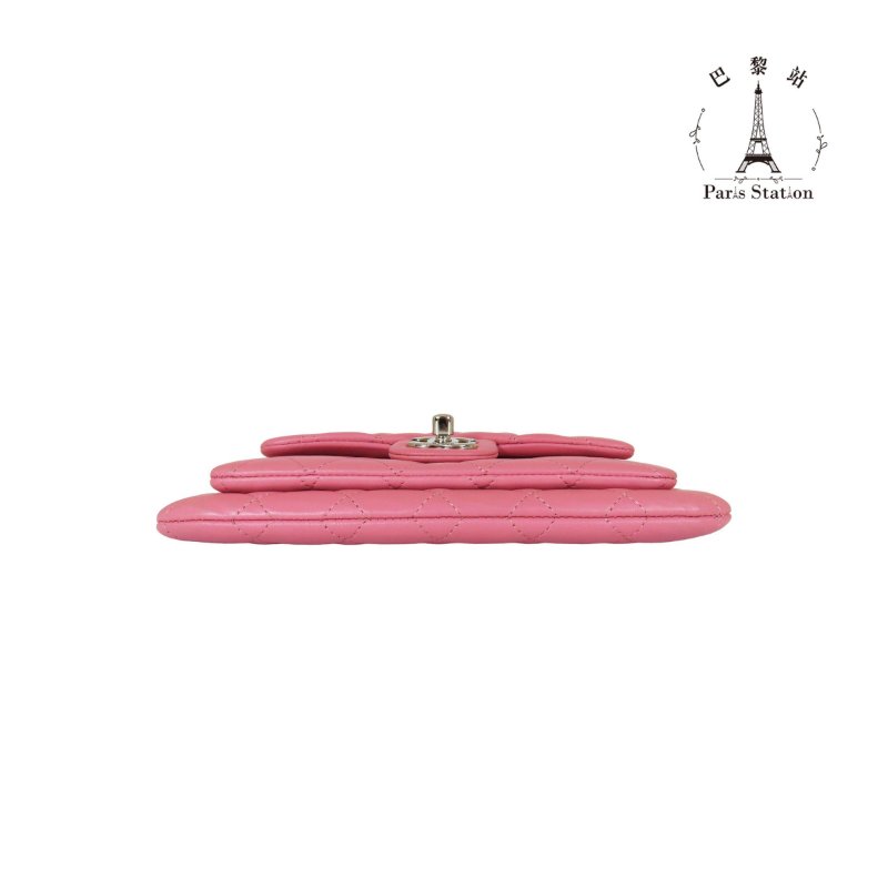 【巴黎站二手名牌專賣店】*現貨*CHANEL香奈兒真品*粉色菱格紋羊皮銀色雙C前口袋斜背鏈包 雙層斜背包-2