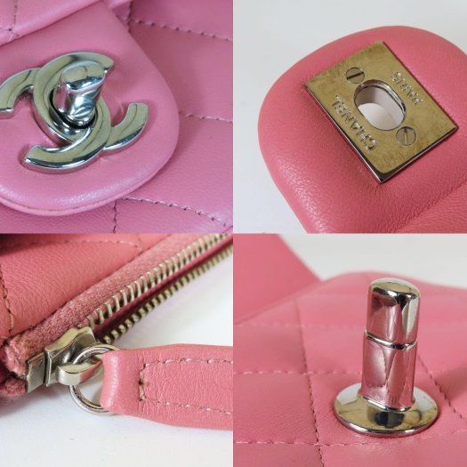 【巴黎站二手名牌專賣店】*現貨*CHANEL香奈兒真品*粉色菱格紋羊皮銀色雙C前口袋斜背鏈包 雙層斜背包-5