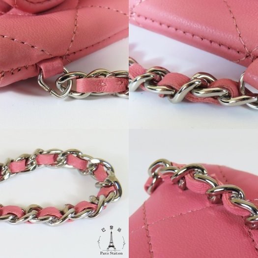 【巴黎站二手名牌專賣店】*現貨*CHANEL香奈兒真品*粉色菱格紋羊皮銀色雙C前口袋斜背鏈包 雙層斜背包-6