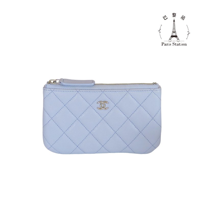 【巴黎站二手名牌專賣店】*現貨*CHANEL香奈兒真品*淡紫色荔枝紋小牛皮菱格銀色雙C一字拉鍊零錢包-0