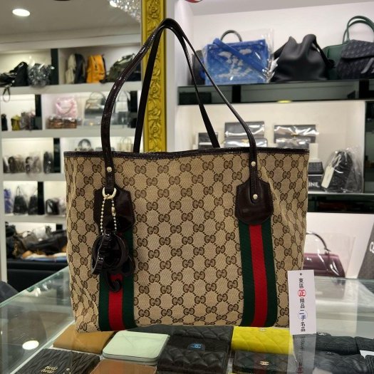 東區正精品㊣GUCCI Jolie 211970 咖啡色緹花布拼漆皮邊公仔包購物包肩背包 RZ5927-0