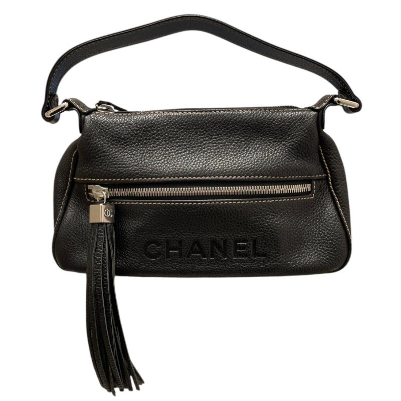 CHANEL 香奈兒 流蘇單肩腋下包 皮革 黑色 銀釦-0