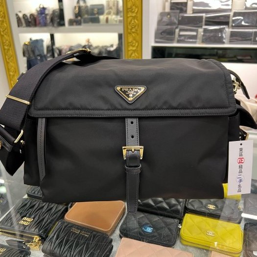 東區正精品㊣PRADA 1BD394 近全新黑色尼龍金三角牌雙口袋相機包斜背包郵差包手提包 RZ5917-0