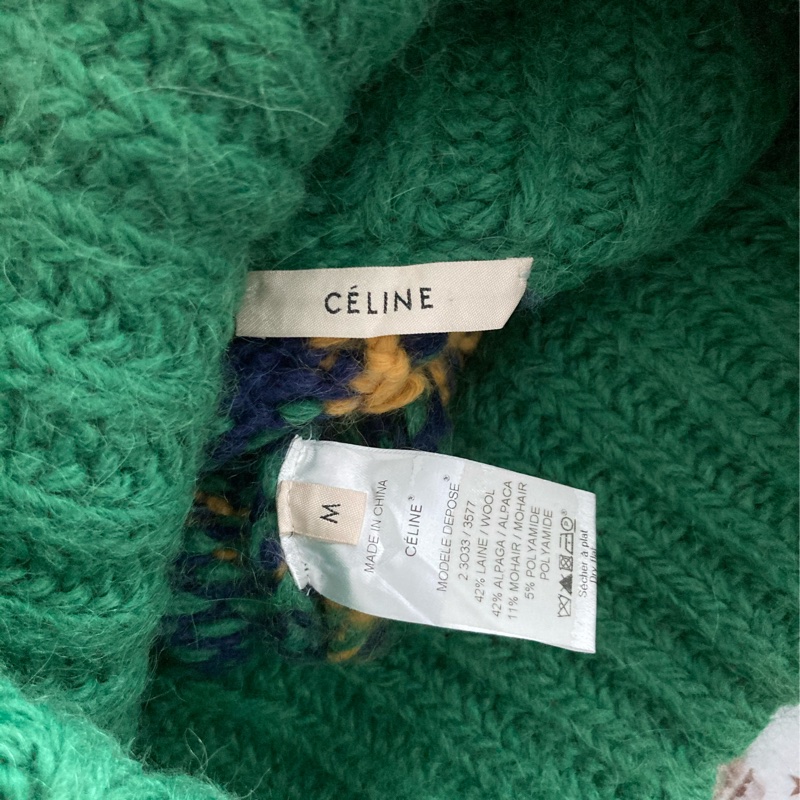 近新正品CELINE粗針織長版格紋寬領毛衣-4