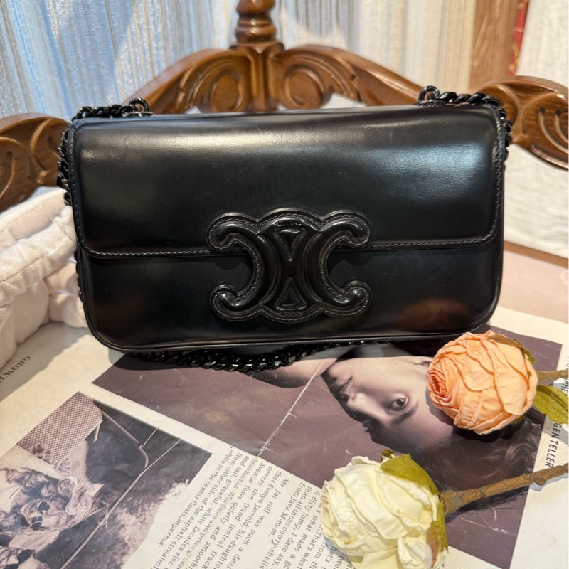 Celine 黑色凯旋门 黑色链条 腋下包-0