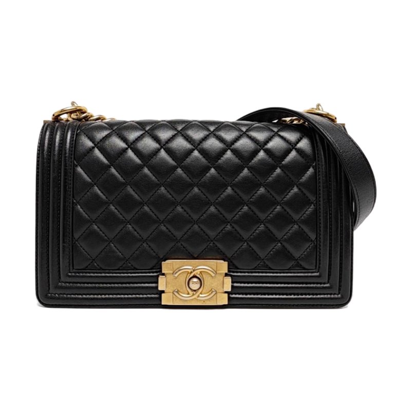 CHANEL LEBOY 中號 黑色羊皮菱格紋縫斜背包肩背包 金色五金 24開 可拆卸肩帶-0