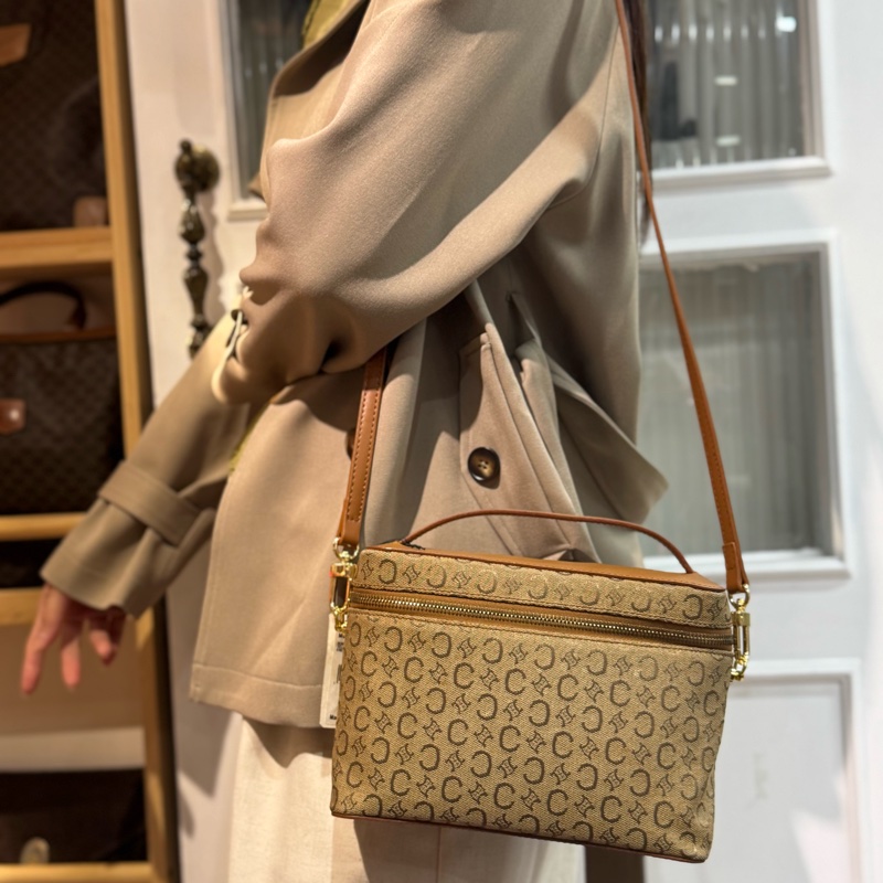 Celine凱旋門手提化妝盒 側背包 棕色真皮帆布塗層 Vanity case-0