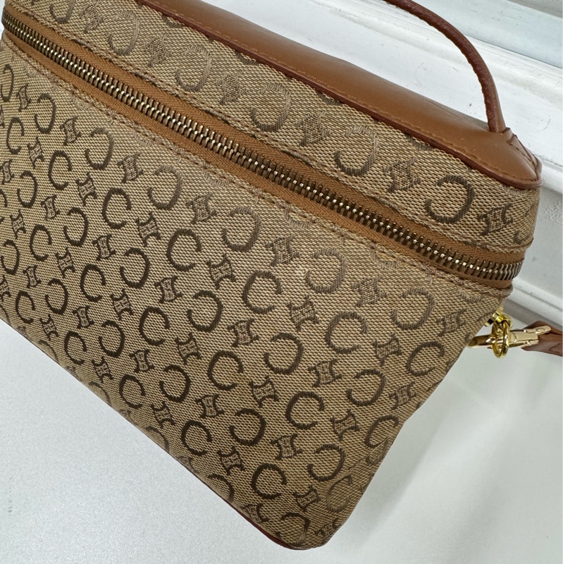 Celine凱旋門手提化妝盒 側背包 棕色真皮帆布塗層 Vanity case-5