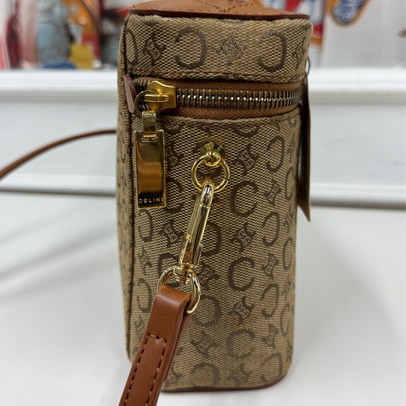 Celine凱旋門手提化妝盒 側背包 棕色真皮帆布塗層 Vanity case-11