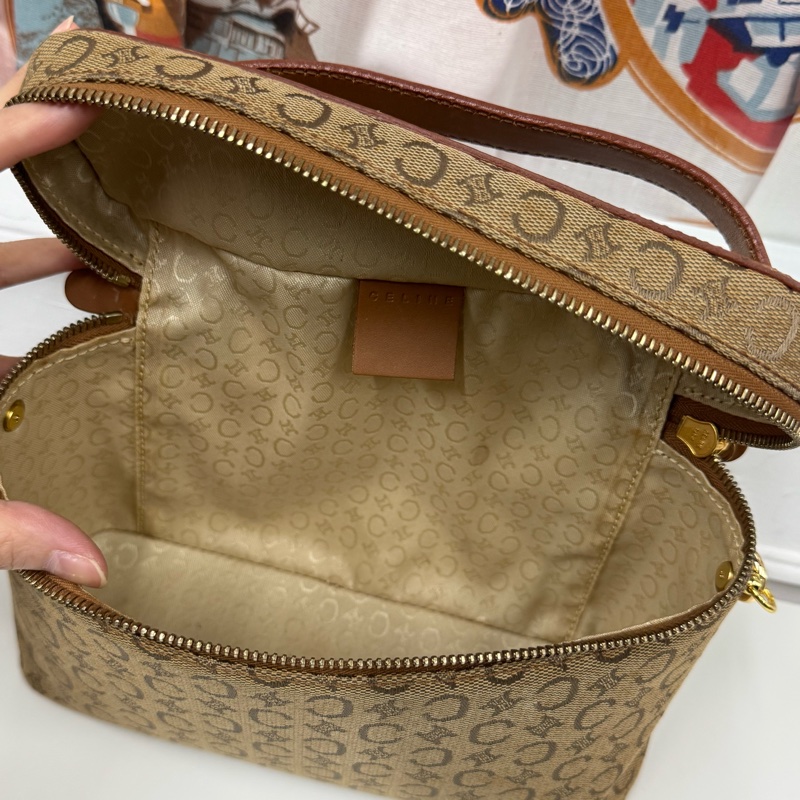 Celine凱旋門手提化妝盒 側背包 棕色真皮帆布塗層 Vanity case-18