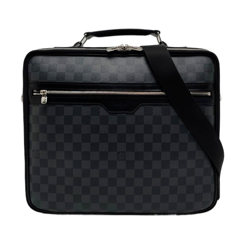 LOUIS VUITTON STEEVE 電腦公事包 灰色塗層帆布棋盤格肩背包手提包斜背包 銀色五金 可拆卸肩帶-0