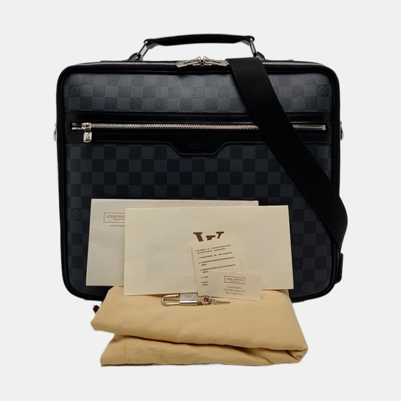 LOUIS VUITTON STEEVE 電腦公事包 灰色塗層帆布棋盤格肩背包手提包斜背包 銀色五金 可拆卸肩帶-6