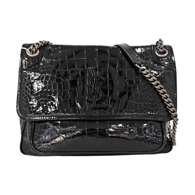 YSL NIKI中號 黑色牛皮壓紋斜背包肩背包 黑色五金-0